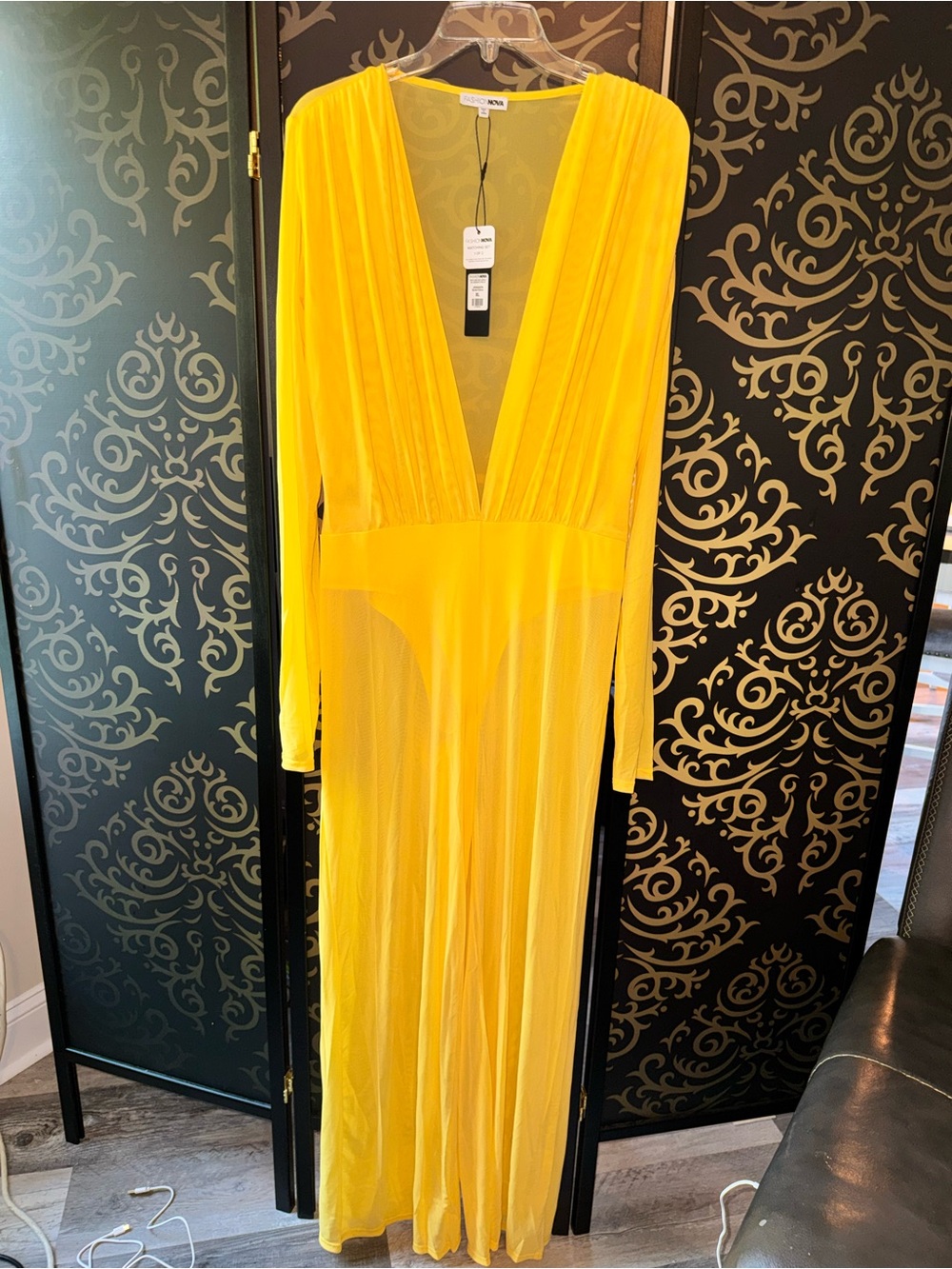 Fashion Nova Bright Yellow Long-Sleeve Plunging Maxi Dress